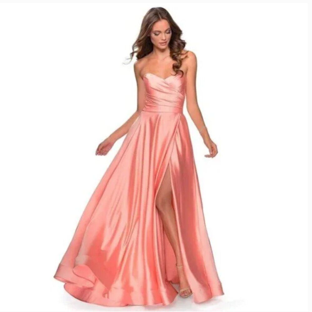 La Femme Strapless Slit Satin Ballgown In Peach Size 8